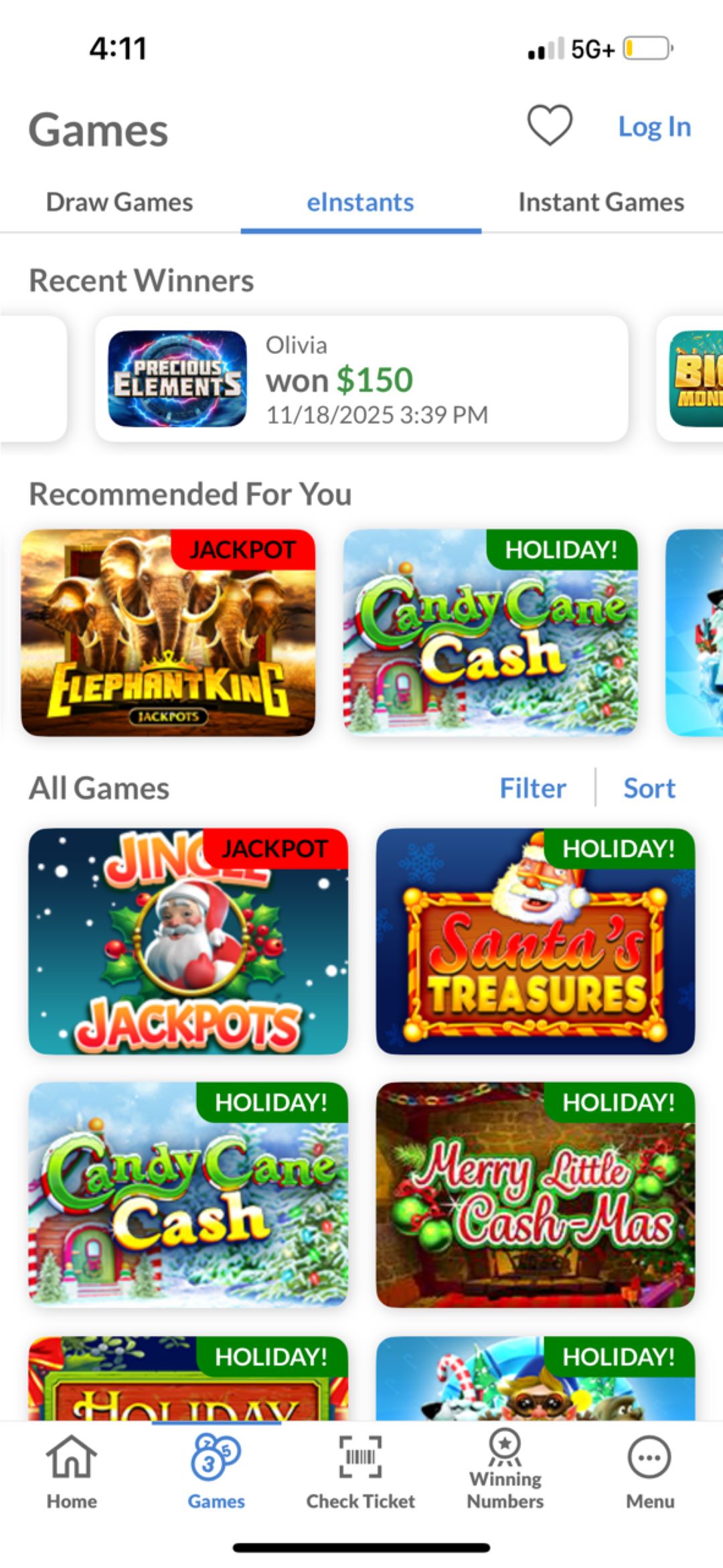 screenshot of mobile app E instant lobby